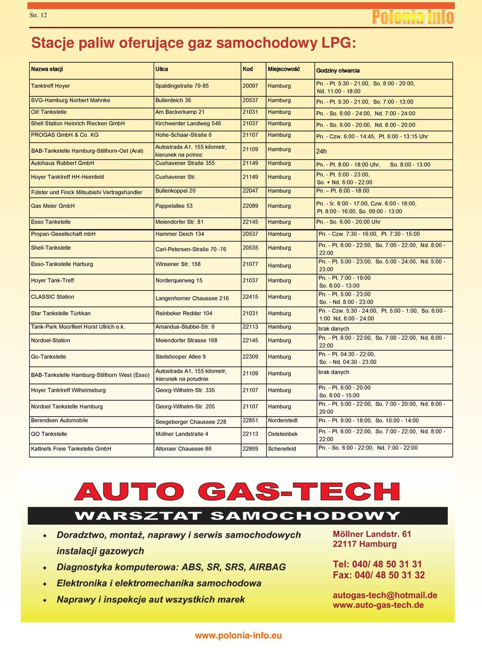 7:00-24:00 Shell Station Heinrich Riecken GmbH Kirchwerder Landweg 546 21037 Hamburg Pn. - So. 6:00-20:00, Nd. 8:00-20:00 PROGAS GmbH & Co. KG Hohe-Schaar-Straße 6 21107 Hamburg Pn. - Czw.