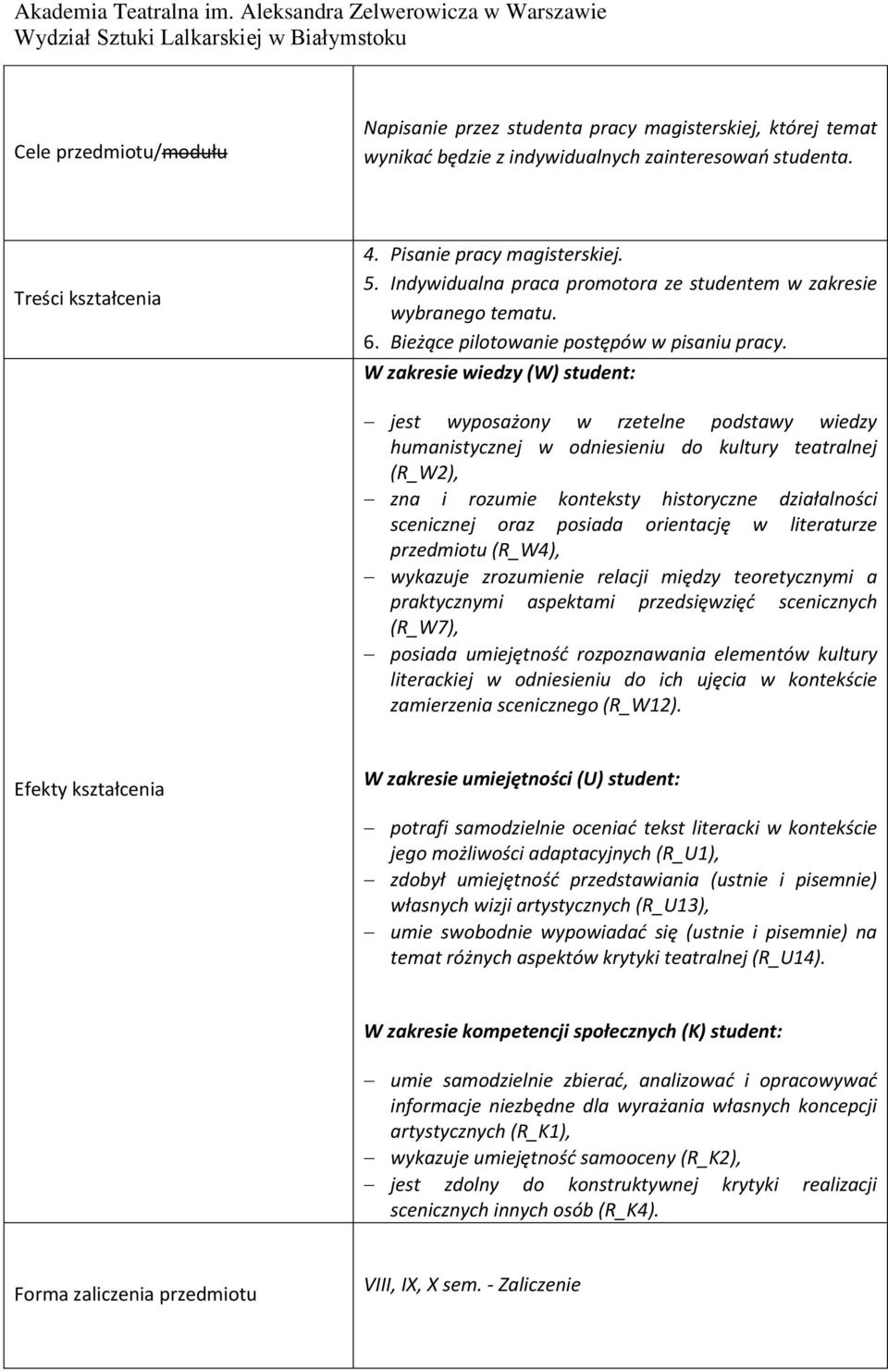 W zakresie wiedzy (W) student: jest wyposażony w rzetelne podstawy wiedzy humanistycznej w odniesieniu do kultury teatralnej (R_W2), zna i rozumie konteksty historyczne działalności scenicznej oraz