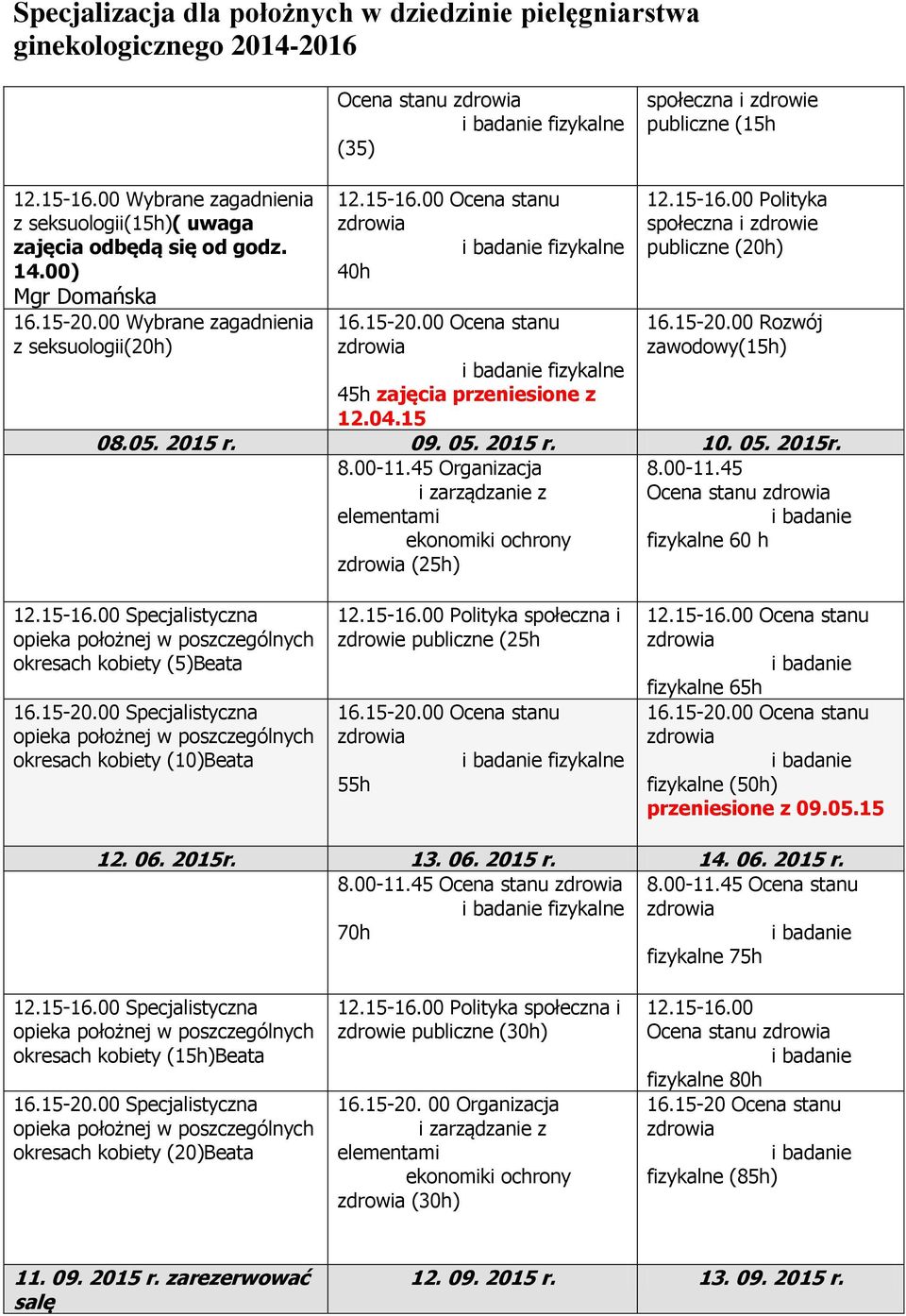 Organzacja (25h) Ocena stanu fzykalne 60 h Specjalstyczna okresach kobety (5)Beata Specjalstyczna okresach kobety (10)Beata Poltyka społeczna zdrowe publczne (25h 55h fzykalne 65h fzykalne (50h)