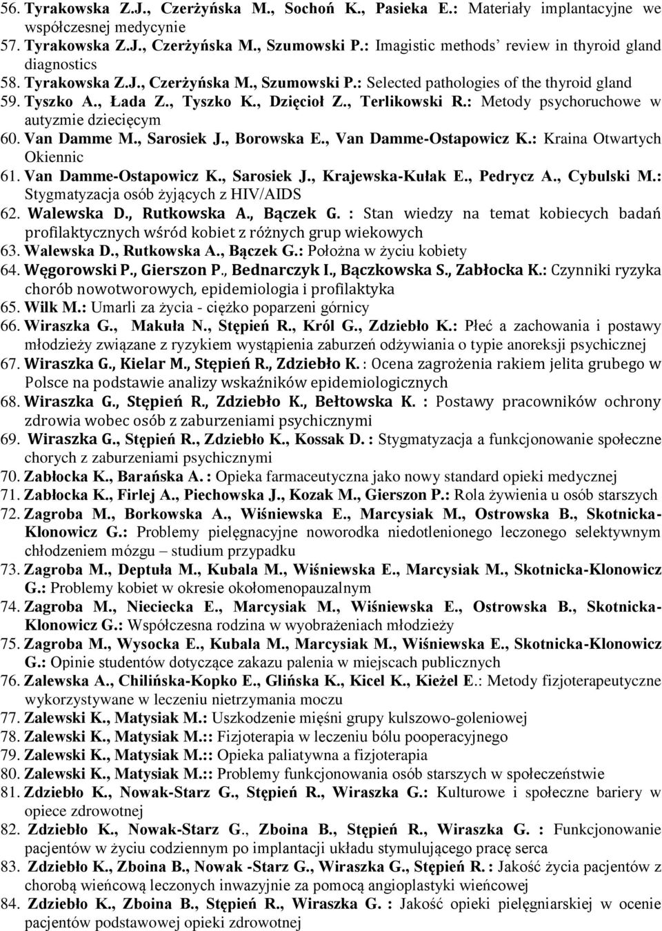 , Terlikowski R.: Metody psychoruchowe w autyzmie dziecięcym 60. Van Damme M., Sarosiek J., Borowska E., Van Damme-Ostapowicz K.: Kraina Otwartych Okiennic 61. Van Damme-Ostapowicz K., Sarosiek J., Krajewska-Kułak E.