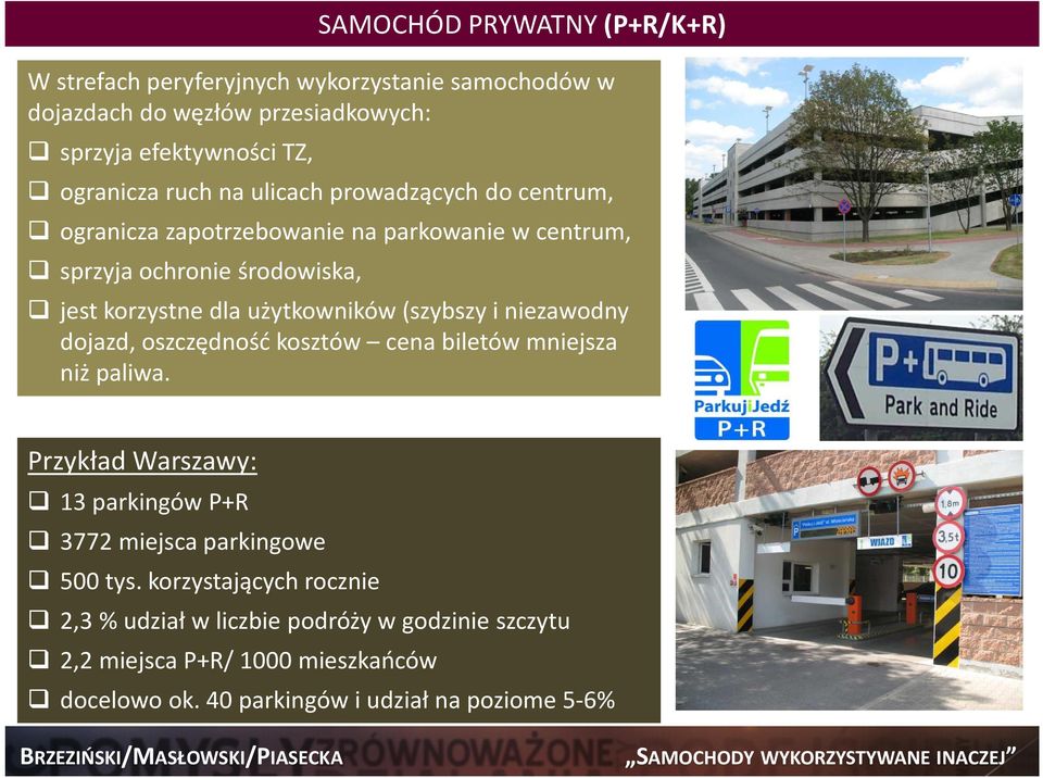 (szybszy i niezawodny dojazd, oszczędność kosztów cena biletów mniejsza niż paliwa. Przykład Warszawy: 13 parkingów P+R 3772 miejsca parkingowe 500 tys.