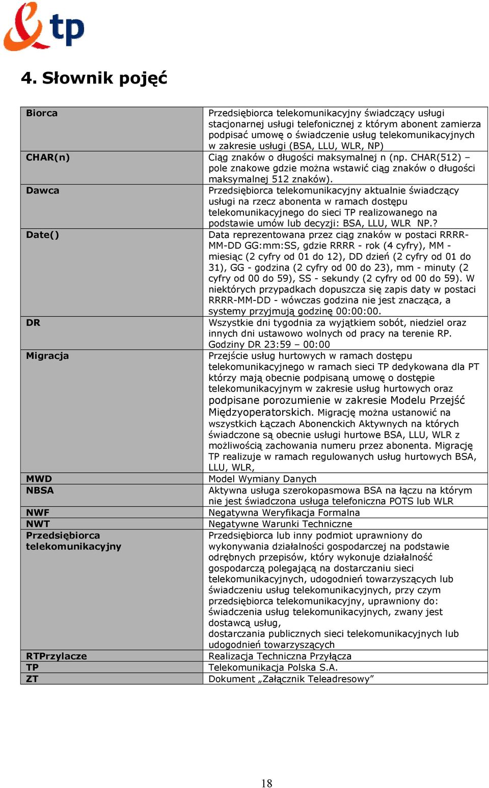 Dawca Przedsiębiorca telekomunikacyjny aktualnie świadczący usługi na rzecz abonenta w ramach dostępu telekomunikacyjnego do sieci TP realizowanego na podstawie umów lub decyzji: BSA, LLU, WLR NP.