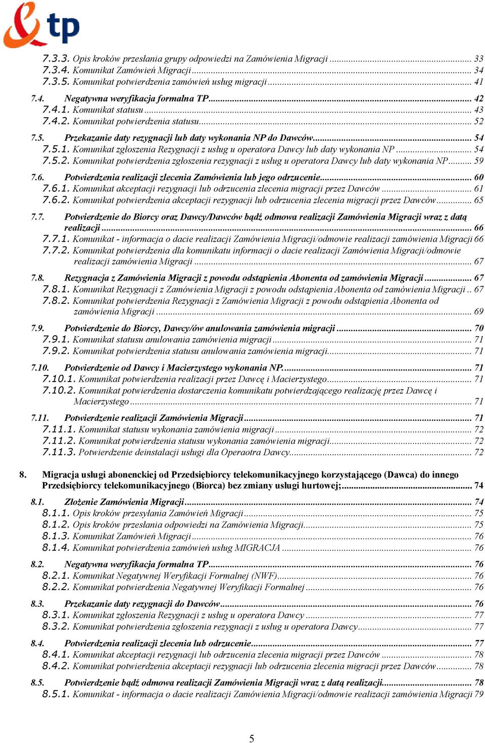 .. 54 7.5.2. Komunikat potwierdzenia zgłoszenia rezygnacji z usług u operatora Dawcy lub daty wykonania NP... 59 7.6. Potwierdzenia realizacji zlecenia Zamówienia lub jego odrzucenie... 60 7.6.1.