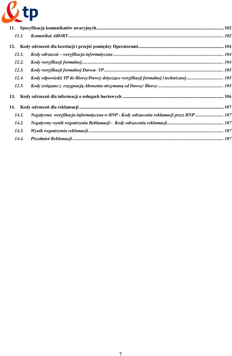 .. 105 13. Kody odrzuceń dla informacji o usługach hurtowych... 106 14. Kody odrzuceń dla reklamacji... 107 14.1. Negatywna weryfikacja informatyczna w BNP - Kody odrzucenia reklamacji przez BNP.