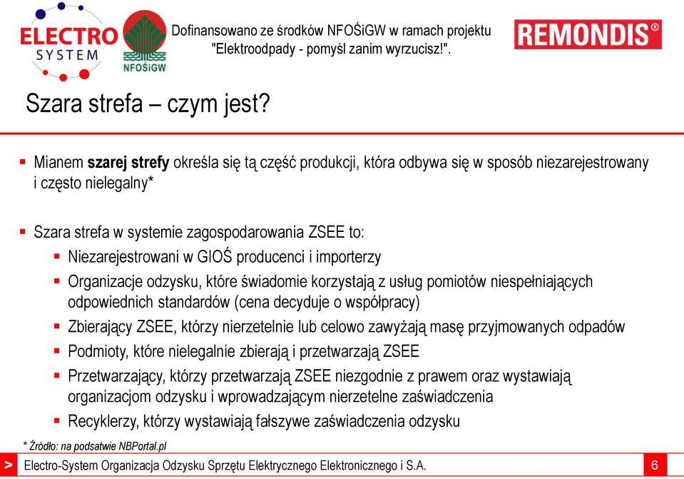 GIOŚ producenci i importerzy Organizacje odzysku, które świadomie korzystają z usług pomiotów niespełniających odpowiednich standardów (cena decyduje o współpracy) Zbierający ZSEE, którzy