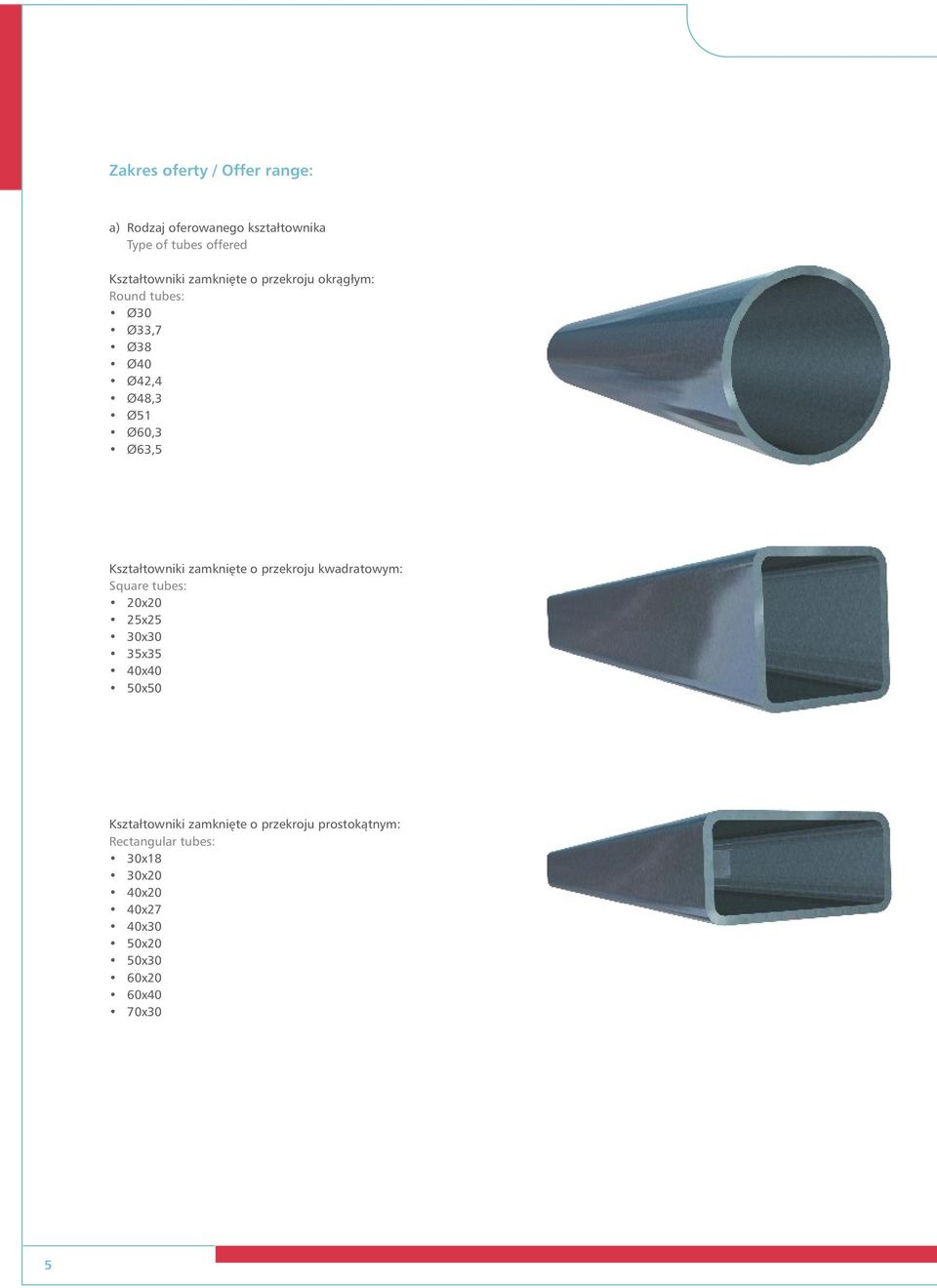 zamknięte o przekroju kwadratowym: Square tubes: 20x20 25x25 30x30 35x35 40x40 50x50 Kształtowniki