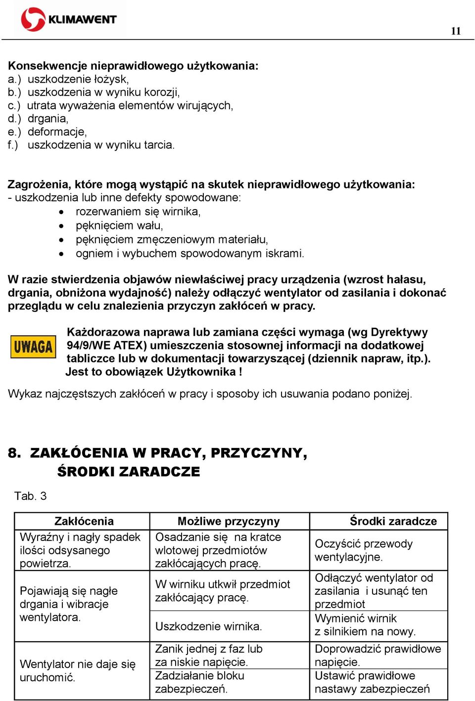 Zagrożenia, które mogą wystąpić na skutek nieprawidłowego użytkowania: - uszkodzenia lub inne defekty spowodowane: rozerwaniem się wirnika, pęknięciem wału, pęknięciem zmęczeniowym materiału, ogniem