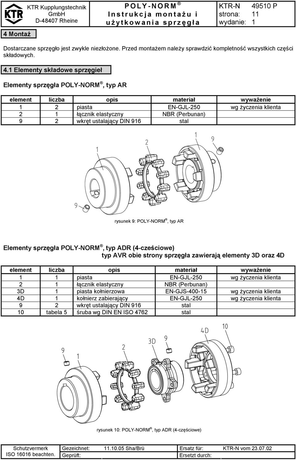 Elementy składowe sprzęgieł Elementy sprzęgła, typ AR element liczba opis materiał wyważenie 2 piasta EN-GJL-250 wg życzenia klienta 2 łącznik elastyczny NBR (Perbunan) 9 2 wkręt ustalający DIN 96
