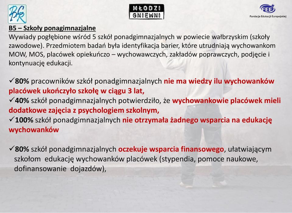 80% pracowników szkół ponadgimnazjalnych nie ma wiedzy ilu wychowanków placówek ukończyło szkołę w ciągu 3 lat, 40% szkół ponadgimnazjalnych potwierdziło, że wychowankowie placówek mieli