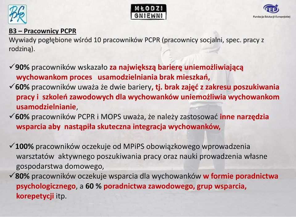 brak zajęć z zakresu poszukiwania pracy i szkoleń zawodowych dla wychowanków uniemożliwia wychowankom usamodzielnianie, 60% pracowników PCPR i MOPS uważa, że należy zastosować inne narzędzia wsparcia