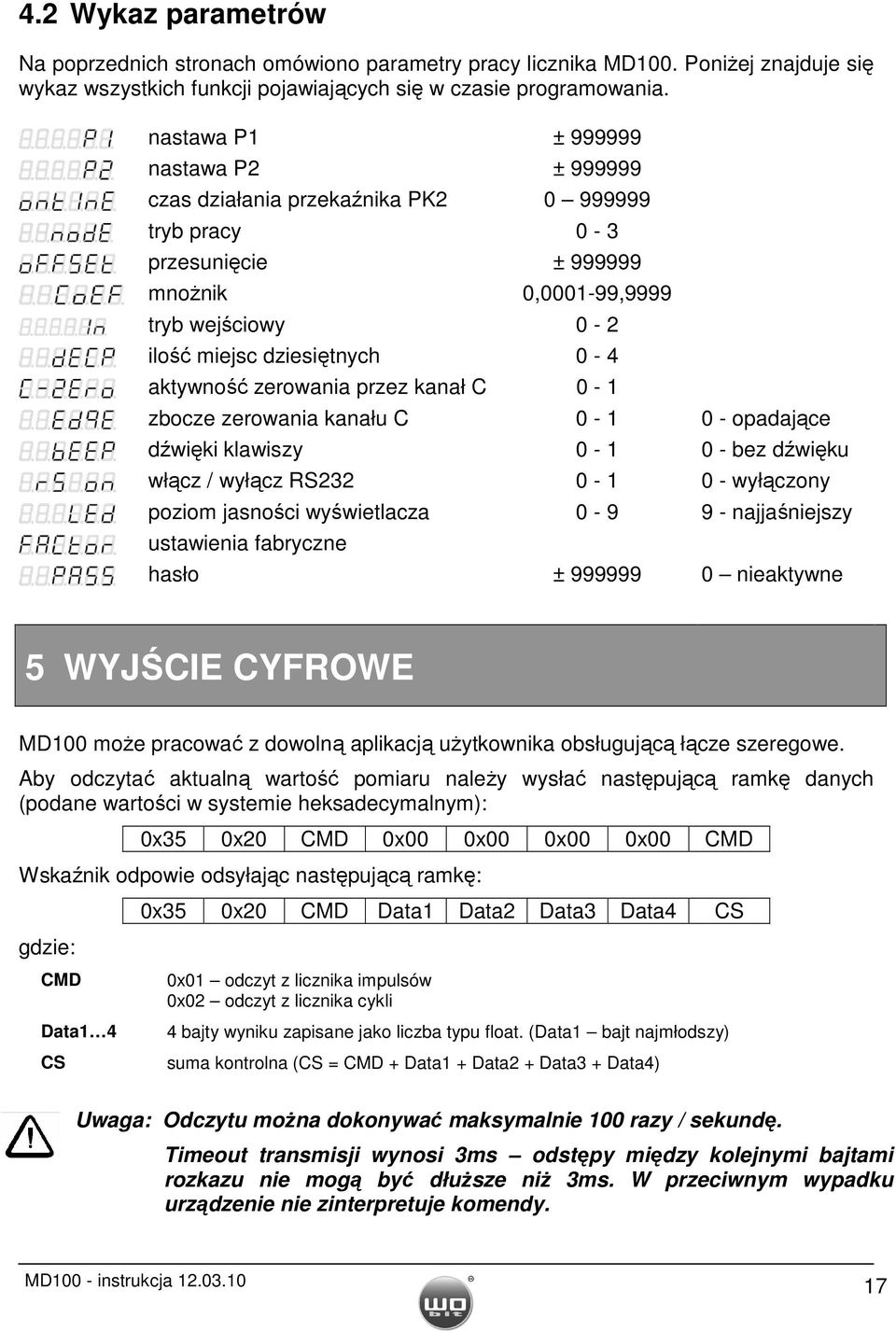zerowania przez kanał C 0-1 zbocze zerowania kanału C 0-1 0 - opadające dźwięki klawiszy 0-1 0 - bez dźwięku włącz / wyłącz RS232 0-1 0 - wyłączony poziom jasności wyświetlacza 0-9 9 - najjaśniejszy
