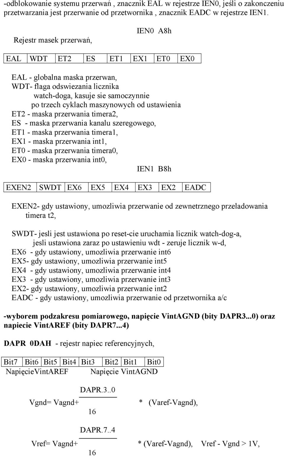 ustawienia ET2 - maska przerwania timera2, ES - maska przerwania kanalu szeregowego, ET1 - maska przerwania timera1, EX1 - maska przerwania int1, ET0 - maska przerwania timera0, EX0 - maska