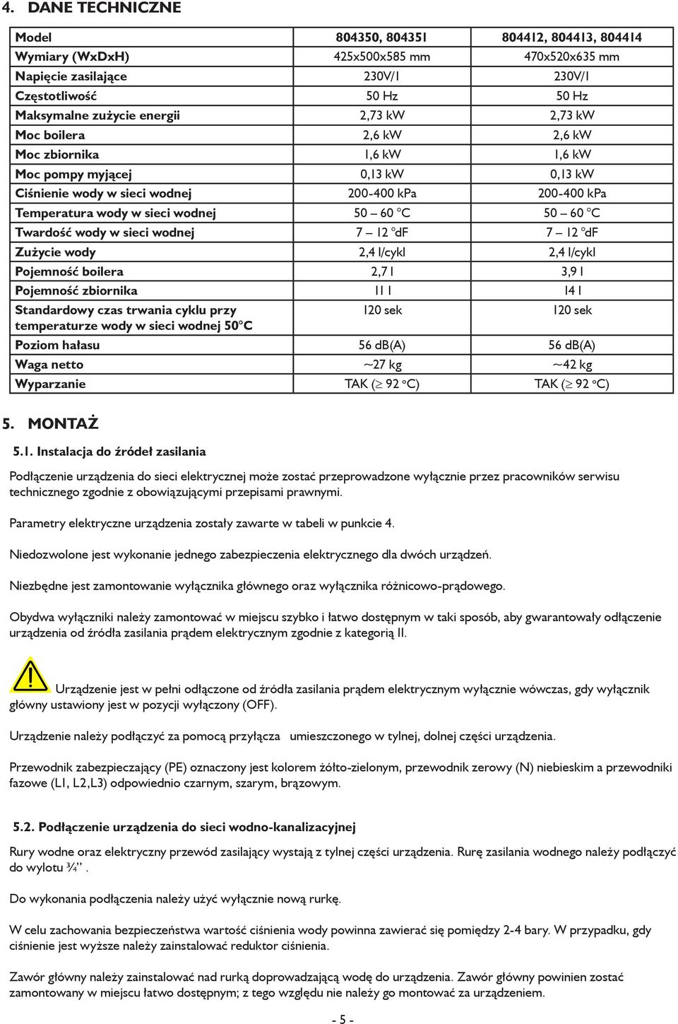 50 60 C Twardość wody w sieci wodnej 7 12 df 7 12 df Zużycie wody 2,4 l/cykl 2,4 l/cykl Pojemność boilera 2,7 l 3,9 l Pojemność zbiornika 11 l 14 l Standardowy czas trwania cyklu przy temperaturze