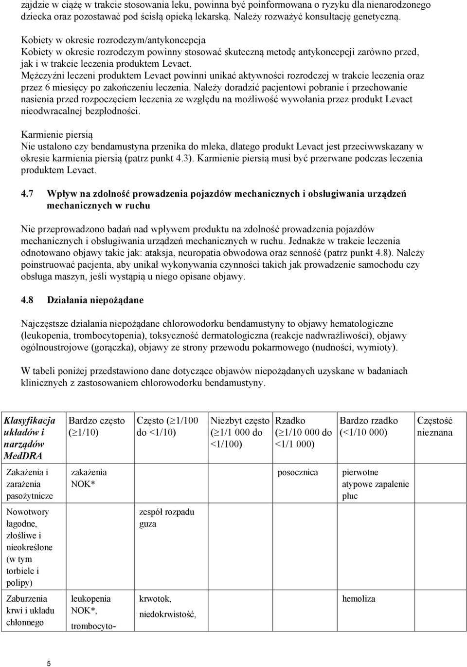 Mężczyźni leczeni produktem Levact powinni unikać aktywności rozrodczej w trakcie leczenia oraz przez 6 miesięcy po zakończeniu leczenia.