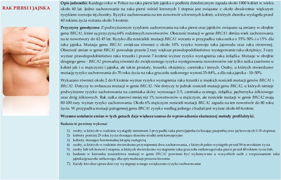 Ryzyko ten nowotwór u krewnych kobiet, u których choroba wystąpiła przed 40 rokiem życia wzrasta około 5-krotnie.