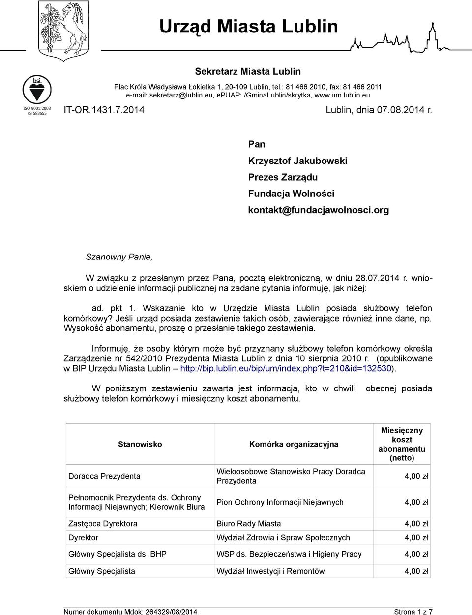 org Szanowny Panie, W związku z przesłanym przez Pana, pocztą elektroniczną, w dniu 28.07.2014 r. wnioskiem o udzielenie informacji publicznej na zadane pytania informuję, jak niżej: ad. pkt 1.