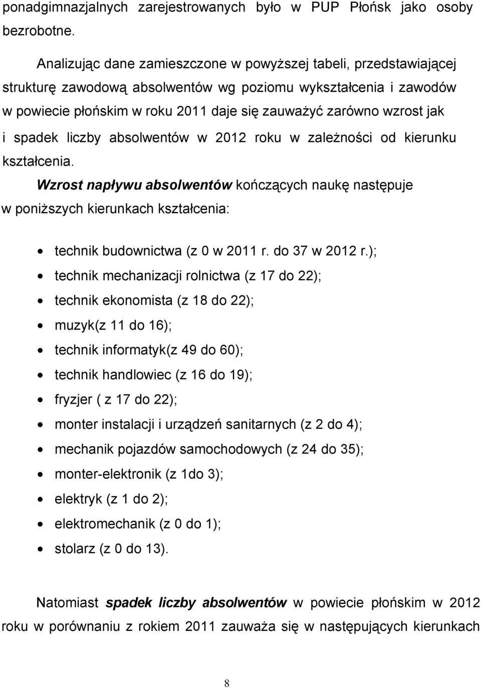 jak i spadek liczby absolwentów w 2012 roku w zależności od kierunku kształcenia.