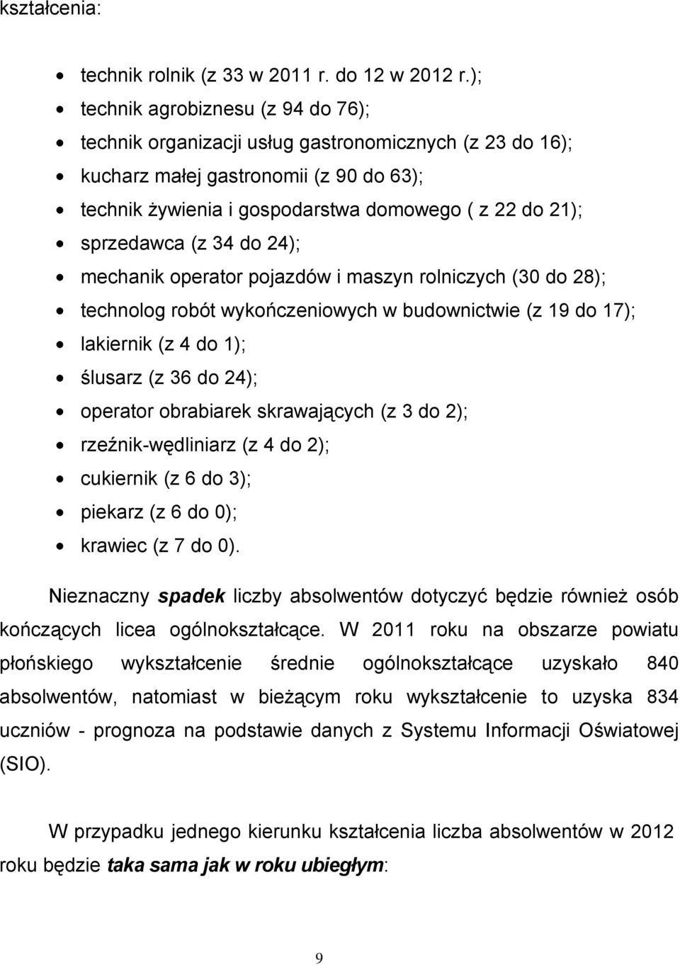 sprzedawca (z 34 do 24); mechanik operator pojazdów i maszyn rolniczych (30 do 28); technolog robót wykończeniowych w budownictwie (z 19 do 17); lakiernik (z 4 do 1); ślusarz (z 36 do 24); operator