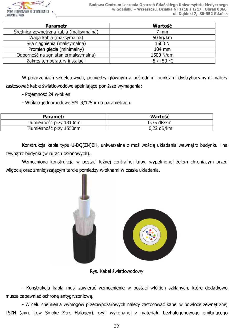 wymagania: - Pojemność 24 włókien - Włókna jednomodowe SM 9/125µm o parametrach: Parametr Tłumienność przy 1310nm Tłumienność przy 1550nm Wartość 0,35 db/km 0,22 db/km Konstrukcja kabla typu