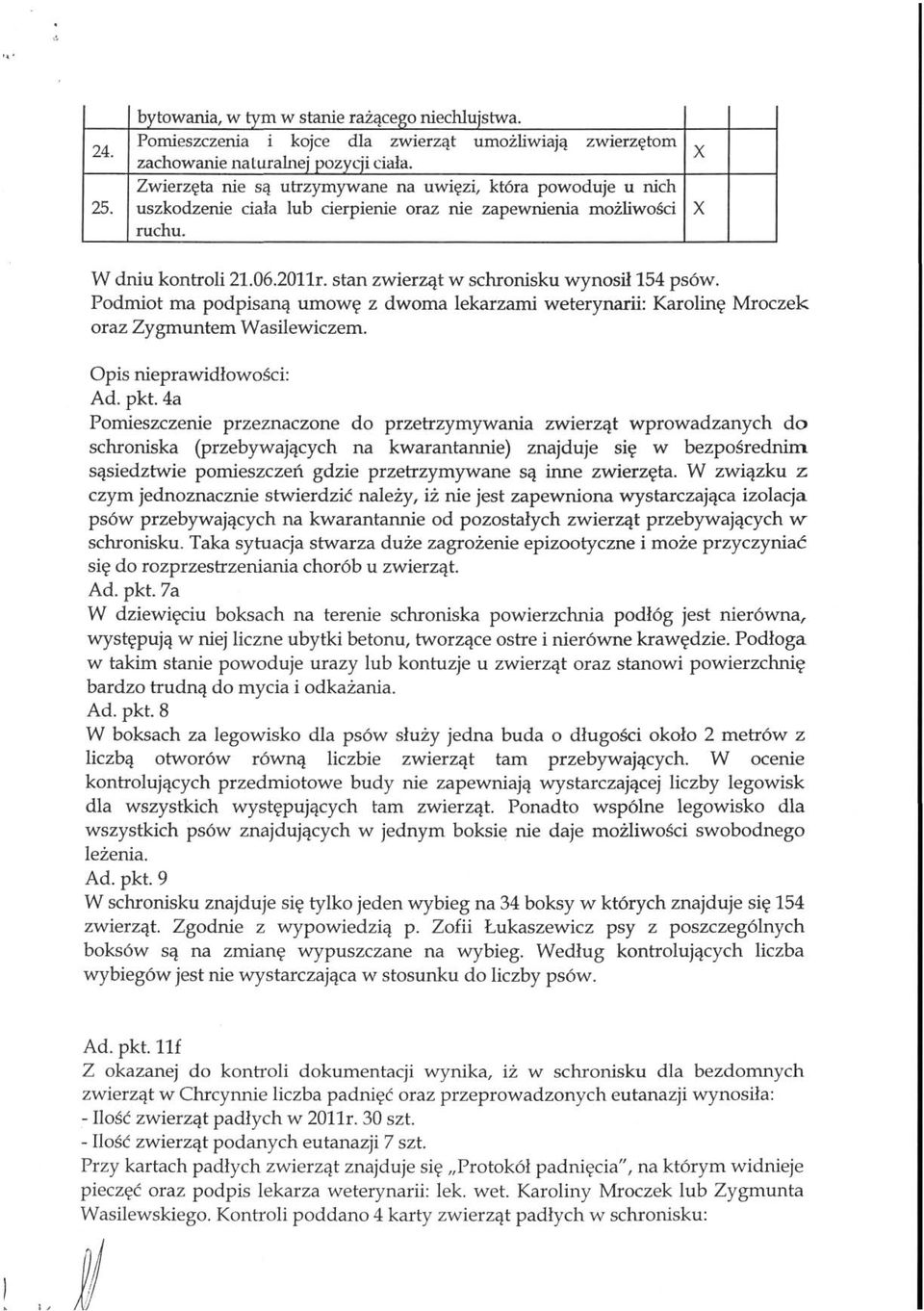 stan zwierząt w schronisku wynosił 154 psów. Podmiot ma podpisaną umowę z dwoma lekarzami weterynarii: Karolinę Mroczek oraz Zygmuntem Wasilewiczem. Opis nieprawidłowości: Ad. pkt.