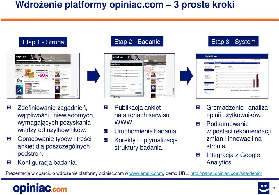 użytkowników. Opracowanie typów i treści ankiet dla poszczególnych podstron. Konfiguracja badania. Publikacja ankiet na stronach serwisu WWW. Uruchomienie badania.
