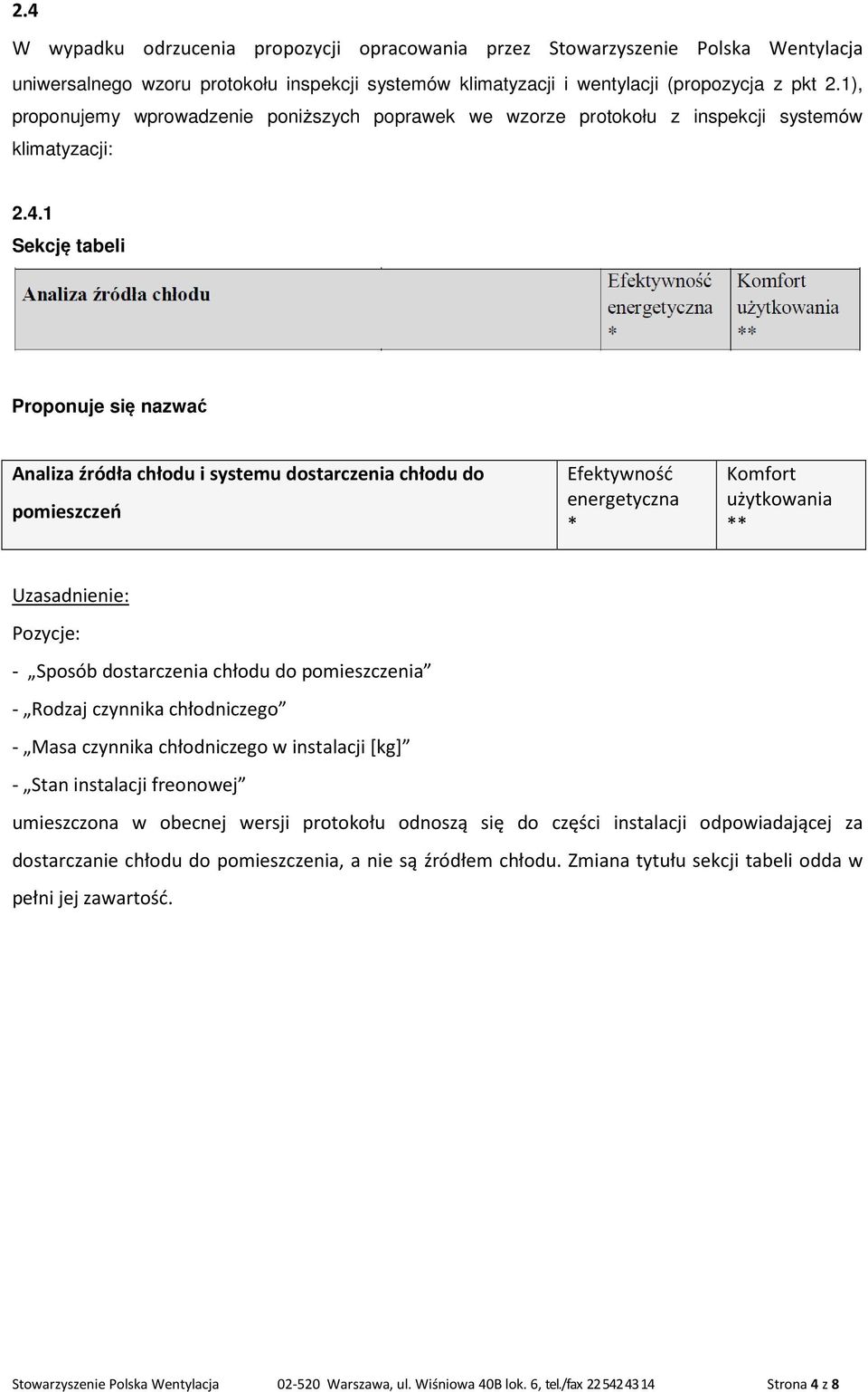 1 Sekcję tabeli Proponuje się nazwać Analiza źródła chłodu i systemu dostarczenia chłodu do pomieszczeń Efektywność energetyczna * Komfort użytkowania ** Pozycje: - Sposób dostarczenia chłodu do