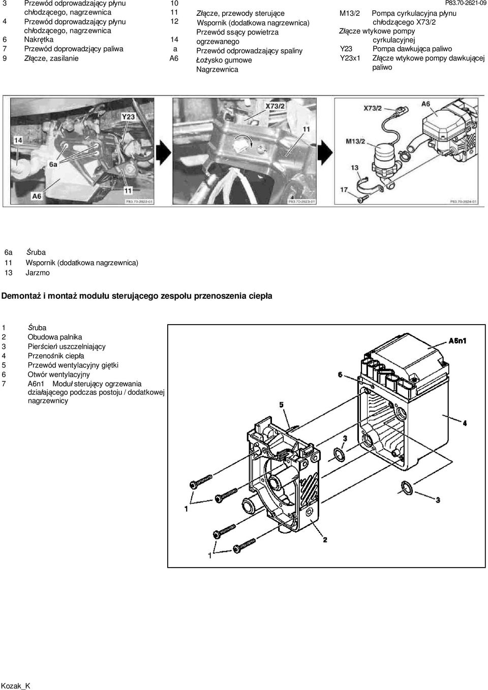 70-2621-09 M13/2 Pompa cyrkulacyjna płynu chłodzącego X73/2 Złącze wtykowe pompy cyrkulacyjnej Y23 Pompa dawkująca paliwo Y23x1 Złącze wtykowe pompy dawkującej paliwo 6a Śruba 11 Wspornik (dodatkowa