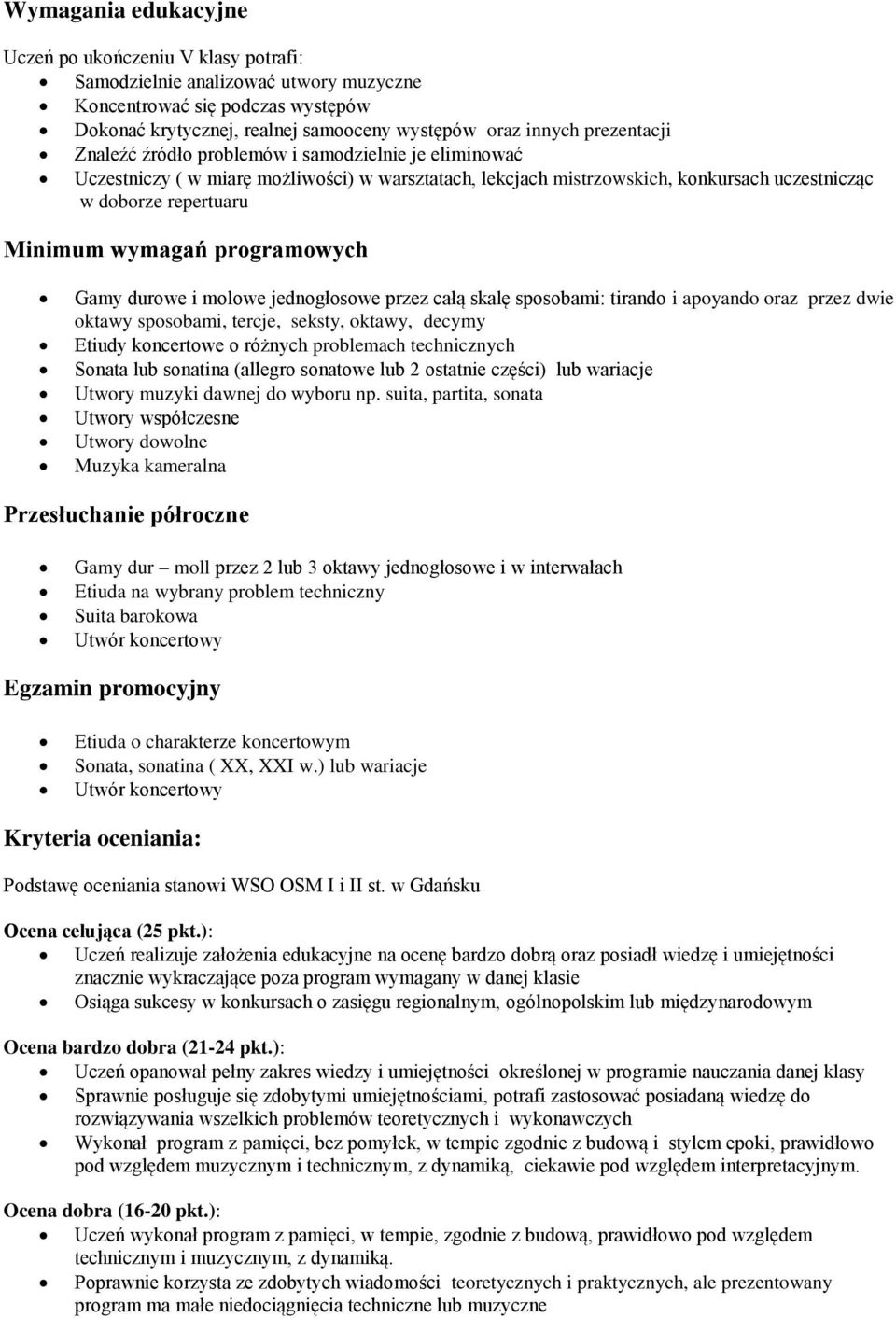 całą skalę sposobami: tirando i apoyando oraz przez dwie oktawy sposobami, tercje, seksty, oktawy, decymy Etiudy koncertowe o różnych problemach technicznych Sonata lub sonatina (allegro sonatowe lub