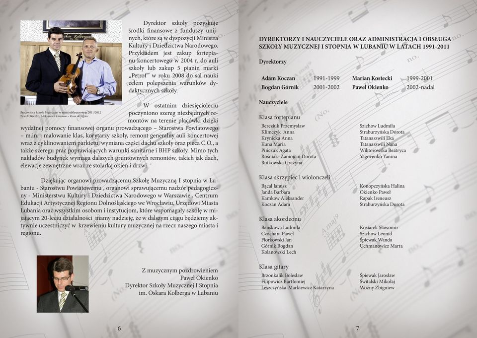 DYRKTORZY I NAUCZYCIL ORAZ ADMINISTRACJA I OBSŁUGA SZKOŁY MUZYCZNJ I STOPNIA W LUBANIU W LATACH 1991-2011 Dyrktorzy Adam Koczan 1991-1999 Maran Kotck 1999-2001 Bogdan Górnk 2001-2002 Pawł Oknko