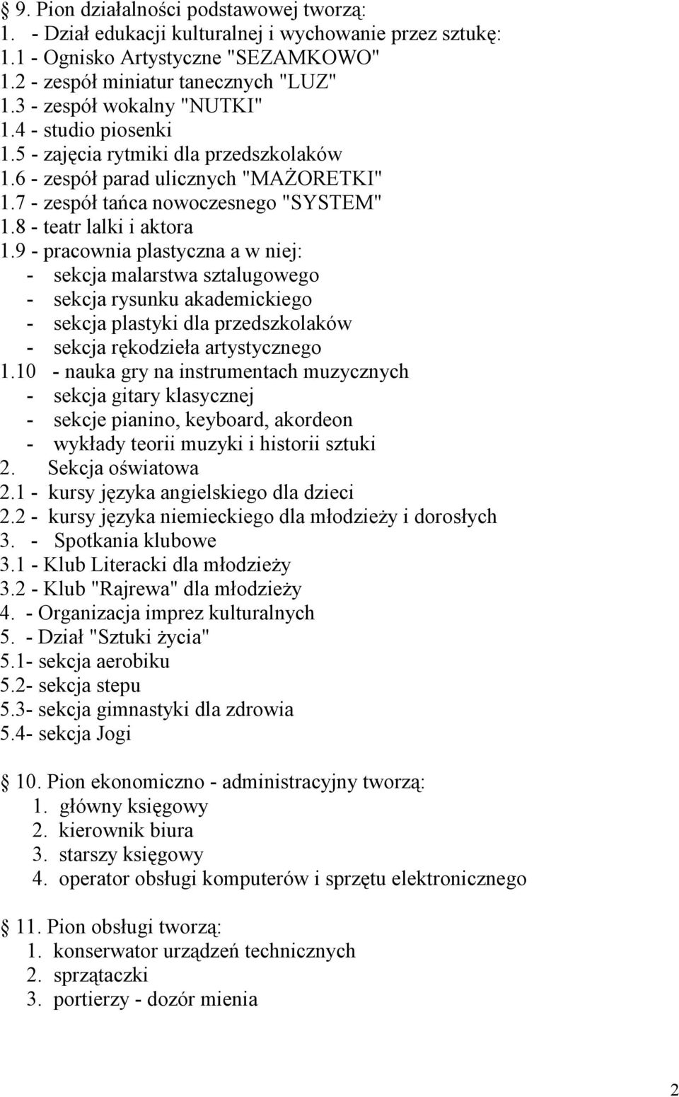 8 - teatr lalki i aktora 1.9 - pracownia plastyczna a w niej: - sekcja malarstwa sztalugowego - sekcja rysunku akademickiego - sekcja plastyki dla przedszkolaków - sekcja rękodzieła artystycznego 1.