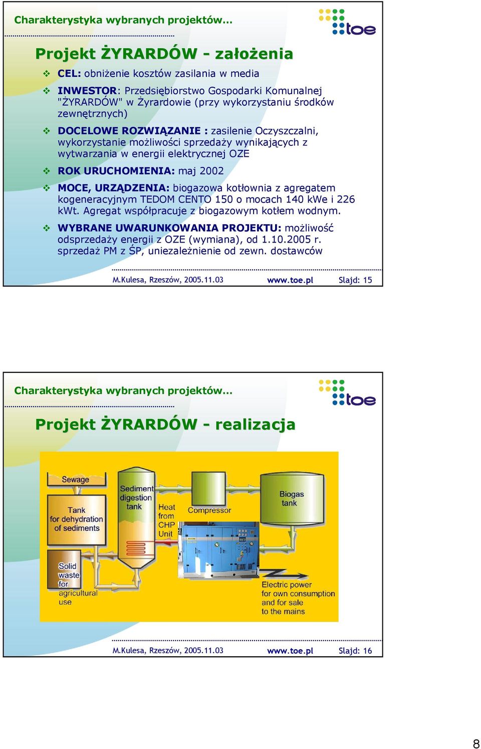 MOCE, URZĄDZENIA: biogazowa kotłownia z agregatem kogeneracyjnym TEDOM CENTO 150 o mocach 140 kwe i 226 kwt. Agregat współpracuje z biogazowym kotłem wodnym.