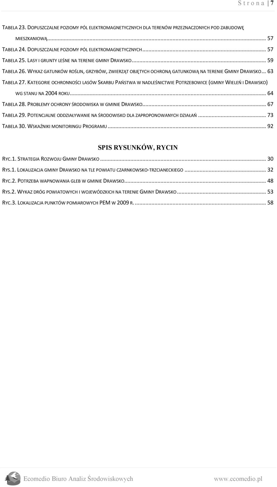 KATEGORIE OCHRONNOŚCI LASÓW SKARBU PAOSTWA W NADLEŚNICTWIE POTRZEBOWICE (GMINY WIELEO I DRAWSKO) WG STANU NA 2004 ROKU... 64 TABELA 28. PROBLEMY OCHRONY ŚRODOWISKA W GMINIE DRAWSKO... 67 TABELA 29.