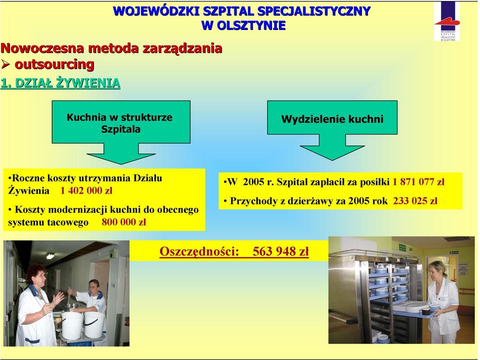 utrzymania Działu Żywienia 1 402 000 zł Koszty modernizacji kuchni do obecnego systemu