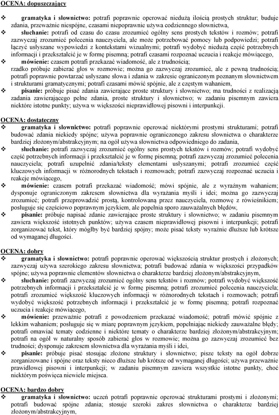 usłyszane wypowiedzi z kontekstami wizualnymi; potrafi wydobyć niedużą część potrzebnych informacji i przekształcić je w formę pisemną; potrafi czasami rozpoznać uczucia i reakcje mówiącego,