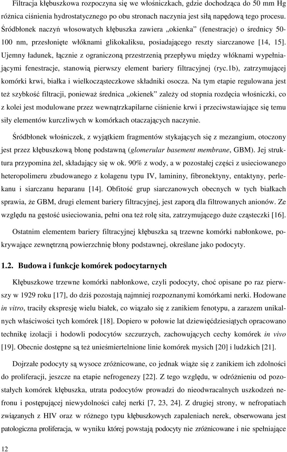 Ujemny ładunek, łącznie z ograniczoną przestrzenią przepływu między włóknami wypełniającymi fenestracje, stanowią pierwszy element bariery filtracyjnej (ryc.