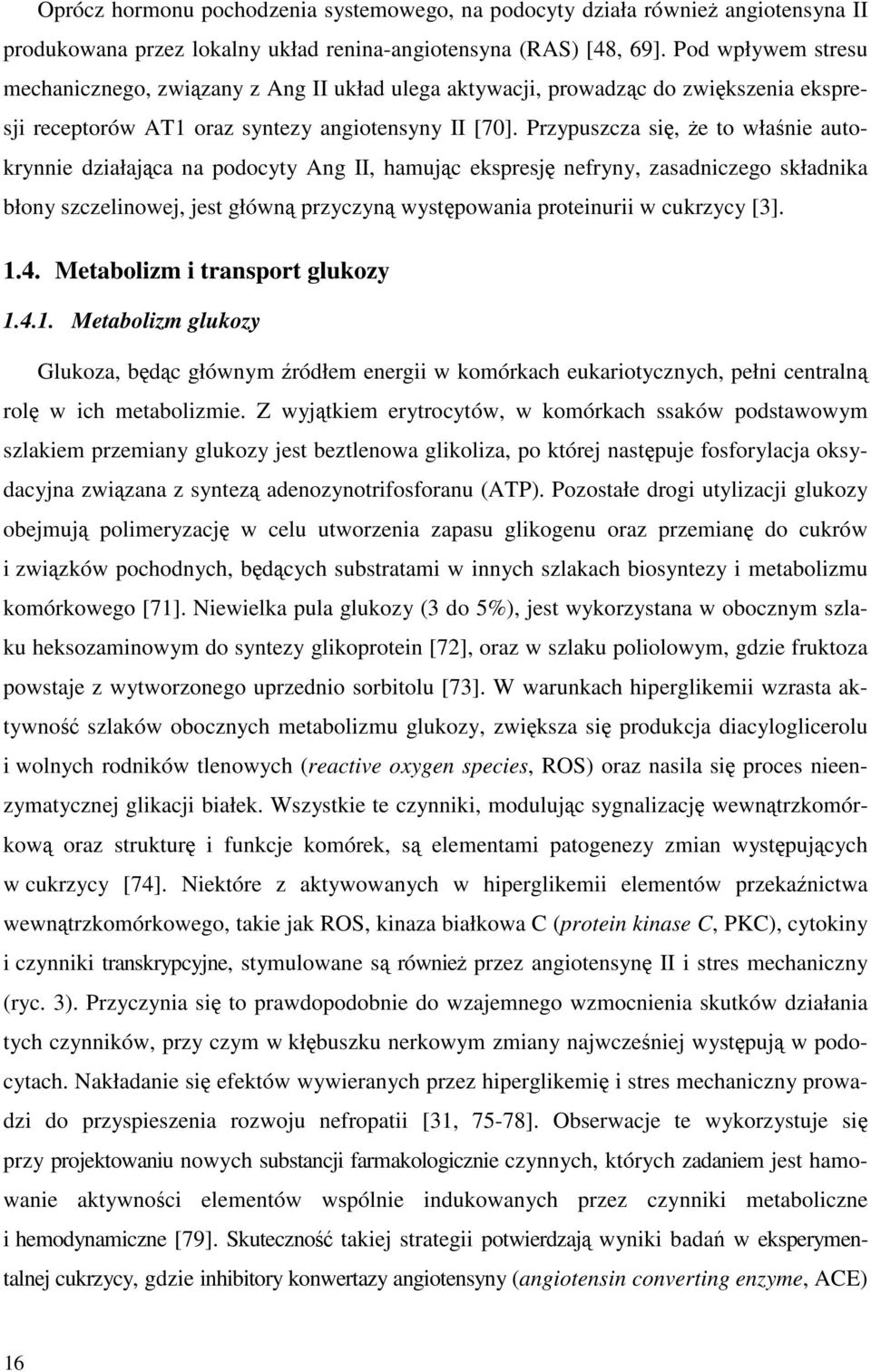 Przypuszcza się, że to właśnie autokrynnie działająca na podocyty Ang II, hamując ekspresję nefryny, zasadniczego składnika błony szczelinowej, jest główną przyczyną występowania proteinurii w