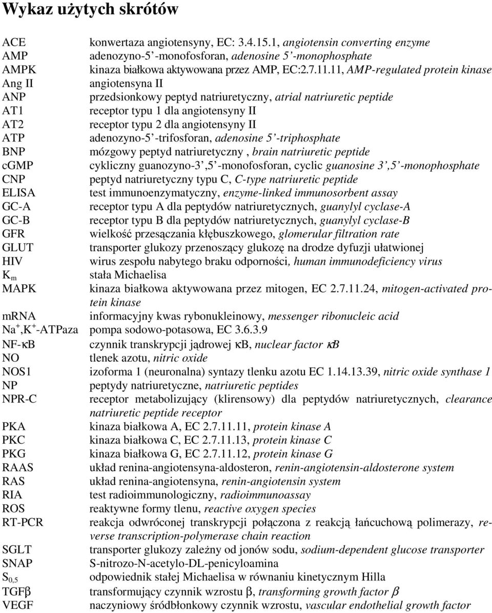 11, AMP-regulated protein kinase Ang II angiotensyna II ANP przedsionkowy peptyd natriuretyczny, atrial natriuretic peptide AT1 receptor typu 1 dla angiotensyny II AT2 receptor typu 2 dla