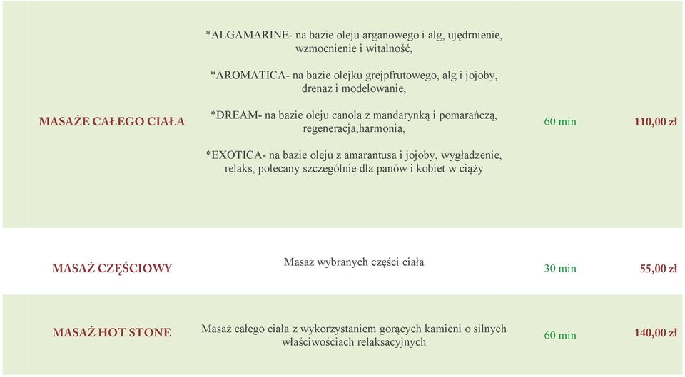 bazie oleju z amarantusa i jojoby, wygładzenie, relaks, polecany szczególnie dla panów i kobiet w ciąży 60 min 110,00 zł MASAŻ CZĘŚCIOWY Masaż