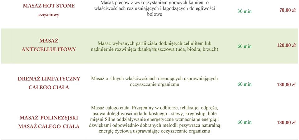 usprawniających oczyszczanie organizmu 60 min 130,00 zł MASAŻ POLINEZYJSKI MASAŻ CAŁEGO CIAŁA Masaż całego ciała.