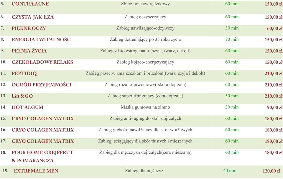 CZEKOLADOWY RELAKS Zabieg kojąco-energetyzujący 60 min 150,00 zł 11. PEPTIDIQ Zabieg przeciw zmarszczkom i bruzdom(twarz, szyja i dekolt) 60 min 210,00 zł 12.