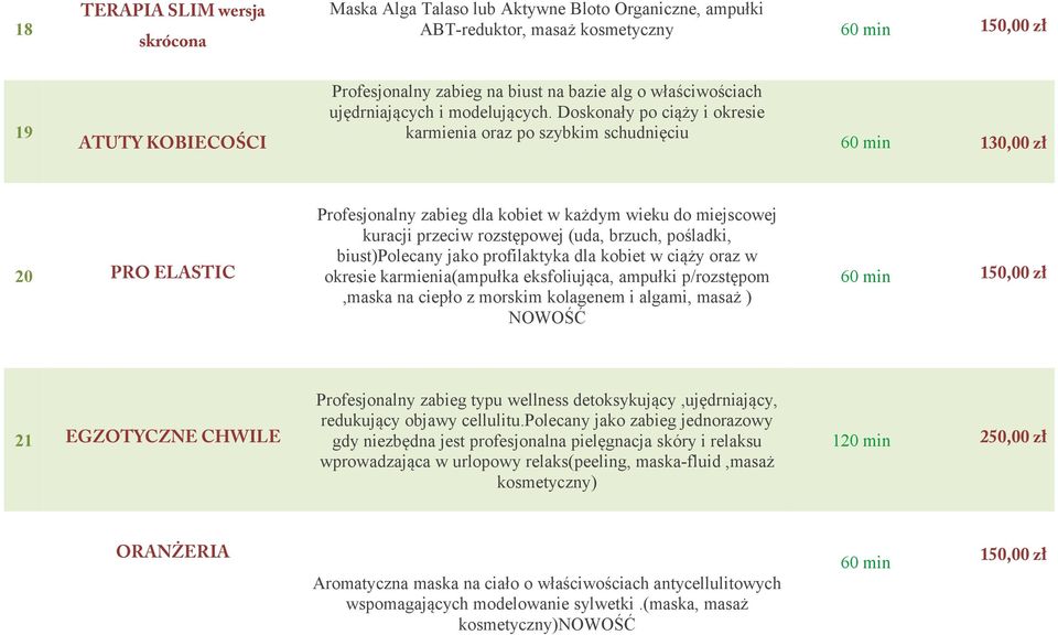 Doskonały po ciąży i okresie karmienia oraz po szybkim schudnięciu 60 min 130,00 zł 20 PRO ELASTIC Profesjonalny zabieg dla kobiet w każdym wieku do miejscowej kuracji przeciw rozstępowej (uda,