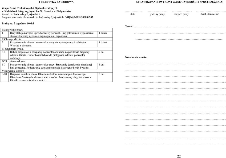 1 Dezynfekcja narzędzi i przyborów fryzjerskich. Przygotowanie i wyposażenie stanowiska pracy zgodnie z wymaganiami ergonomii. II Obsługa klienta.