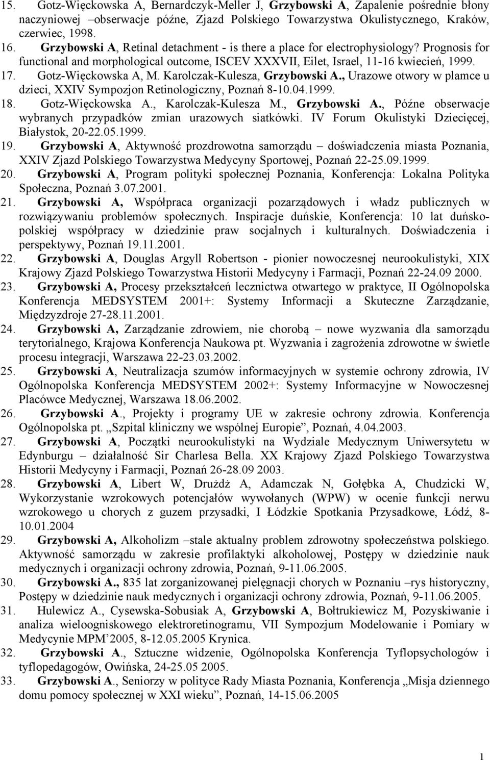 Karolczak-Kulesza, Grzybowski A., Urazowe otwory w plamce u dzieci, XXIV Sympozjon Retinologiczny, Poznań 8-0.04.999. 8. Gotz-Więckowska A., Karolczak-Kulesza M., Grzybowski A., Późne obserwacje wybranych przypadków zmian urazowych siatkówki.