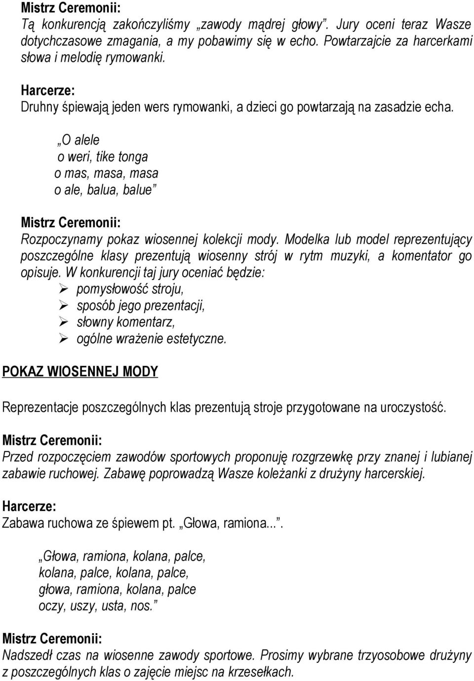 Modelka lub model reprezentujący poszczególne klasy prezentują wiosenny strój w rytm muzyki, a komentator go opisuje.