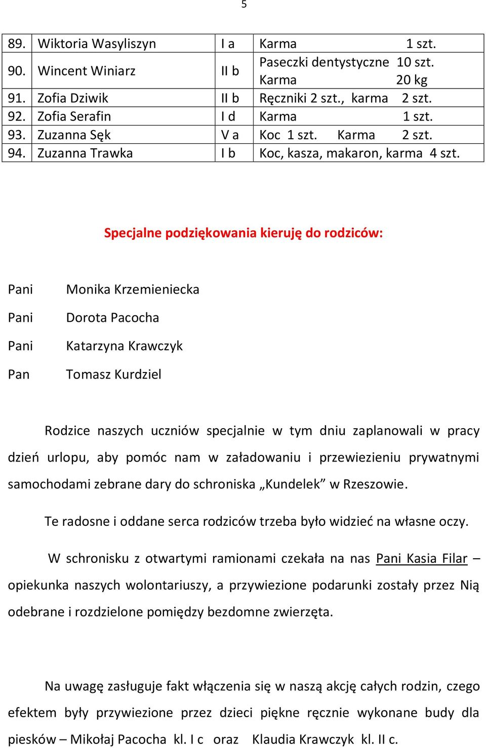 Specjalne podziękowania kieruję do rodziców: Pani Pani Pani Pan Monika Krzemieniecka Dorota Pacocha Katarzyna Krawczyk Tomasz Kurdziel Rodzice naszych uczniów specjalnie w tym dniu zaplanowali w