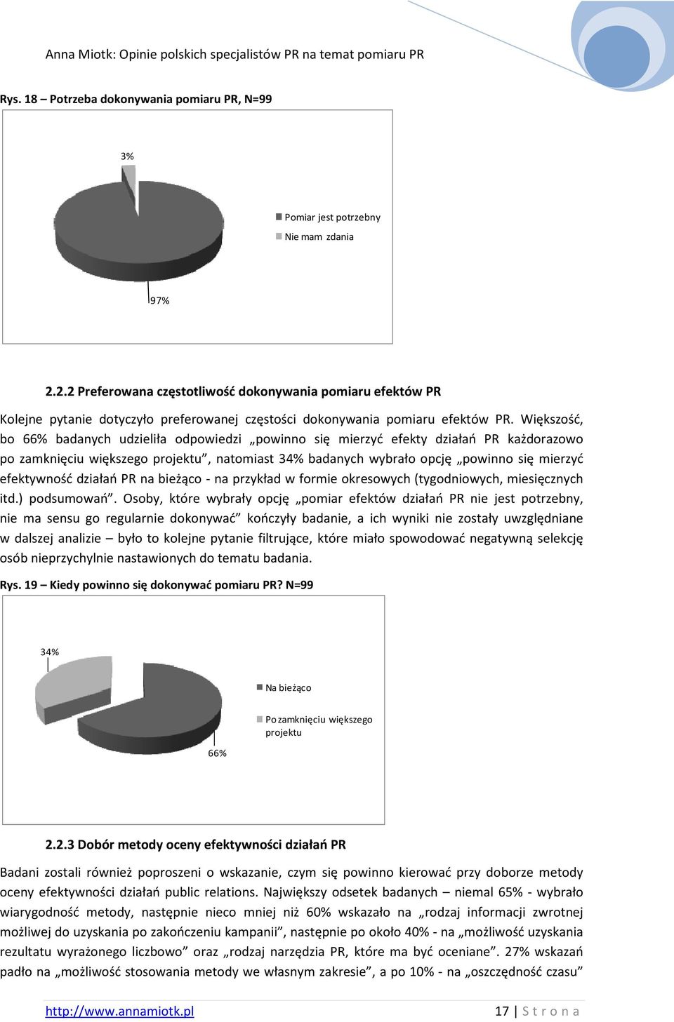 Większość, bo 66% badanych udzieliła odpowiedzi powinno się mierzyć efekty działań PR każdorazowo po zamknięciu większego projektu, natomiast 34% badanych wybrało opcję powinno się mierzyć