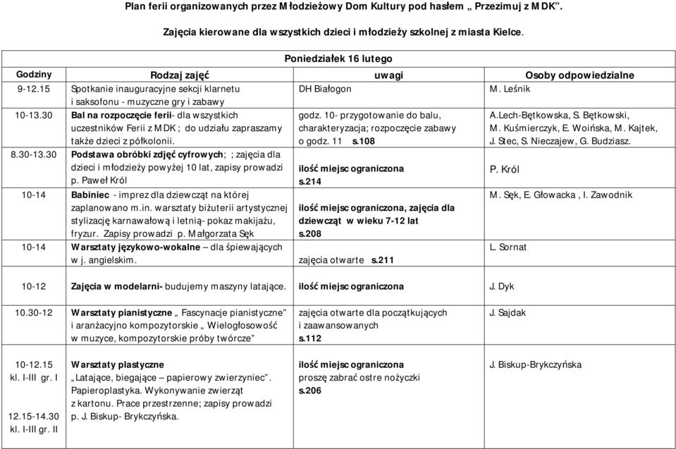 Lech-Bętkowska, S. Bętkowski, uczestników Ferii z MDK ; do udziału zapraszamy charakteryzacja; rozpoczęcie zabawy M. Kuśmierczyk, E. Woińska, M. Kajtek, także dzieci z półkolonii. o godz. 11 s.108 J.