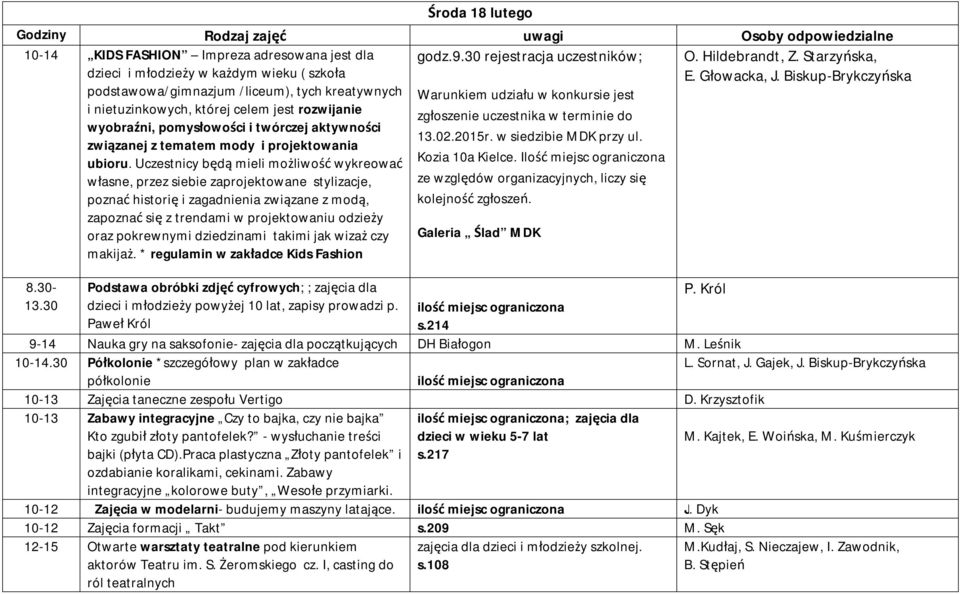 pomysłowości i twórczej aktywności 13.02.2015r. w siedzibie MDK przy ul. związanej z tematem mody i projektowania ubioru. Uczestnicy będą mieli możliwość wykreować Kozia 10a Kielce.