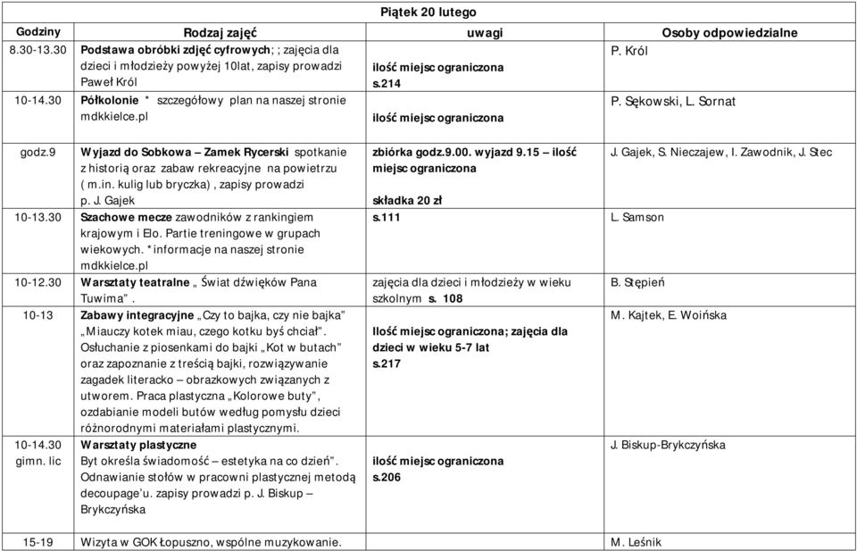 30 Szachowe mecze zawodników z rankingiem krajowym i Elo. Partie treningowe w grupach wiekowych. *informacje na naszej stronie 10-12.30 Warsztaty teatralne Świat dźwięków Pana Tuwima.