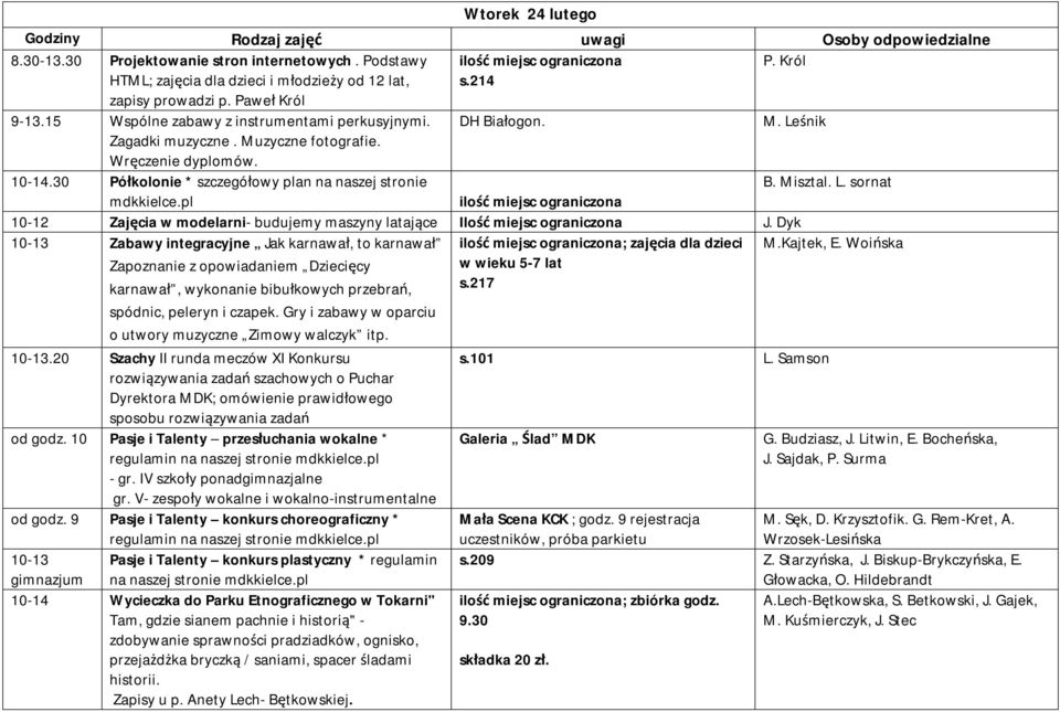 L. sornat 10-12 Zajęcia w modelarni- budujemy maszyny latające Ilość miejsc ograniczona J. Dyk 10-13 Zabawy integracyjne Jak karnawał, to karnawał ; zajęcia dla dzieci M.Kajtek, E.